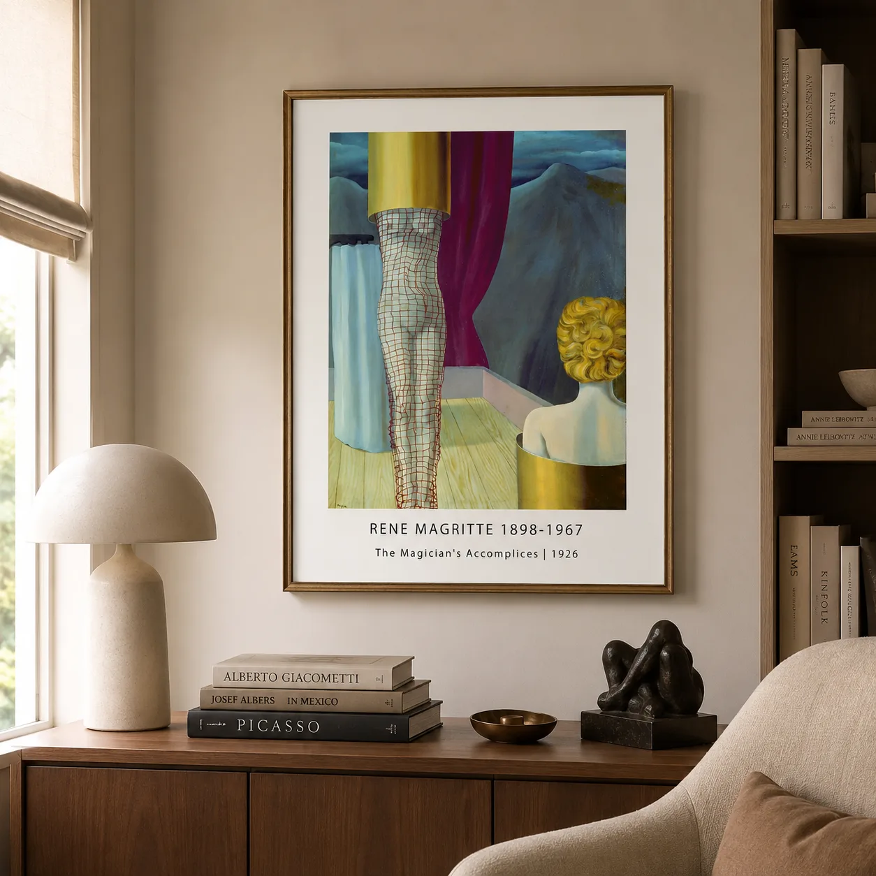 Room mockup of Magicians Accomplices Print, Magritte Curtain Wall Art Print, displayed as framed wall art in a living room setting as a portrait print with blue tones.