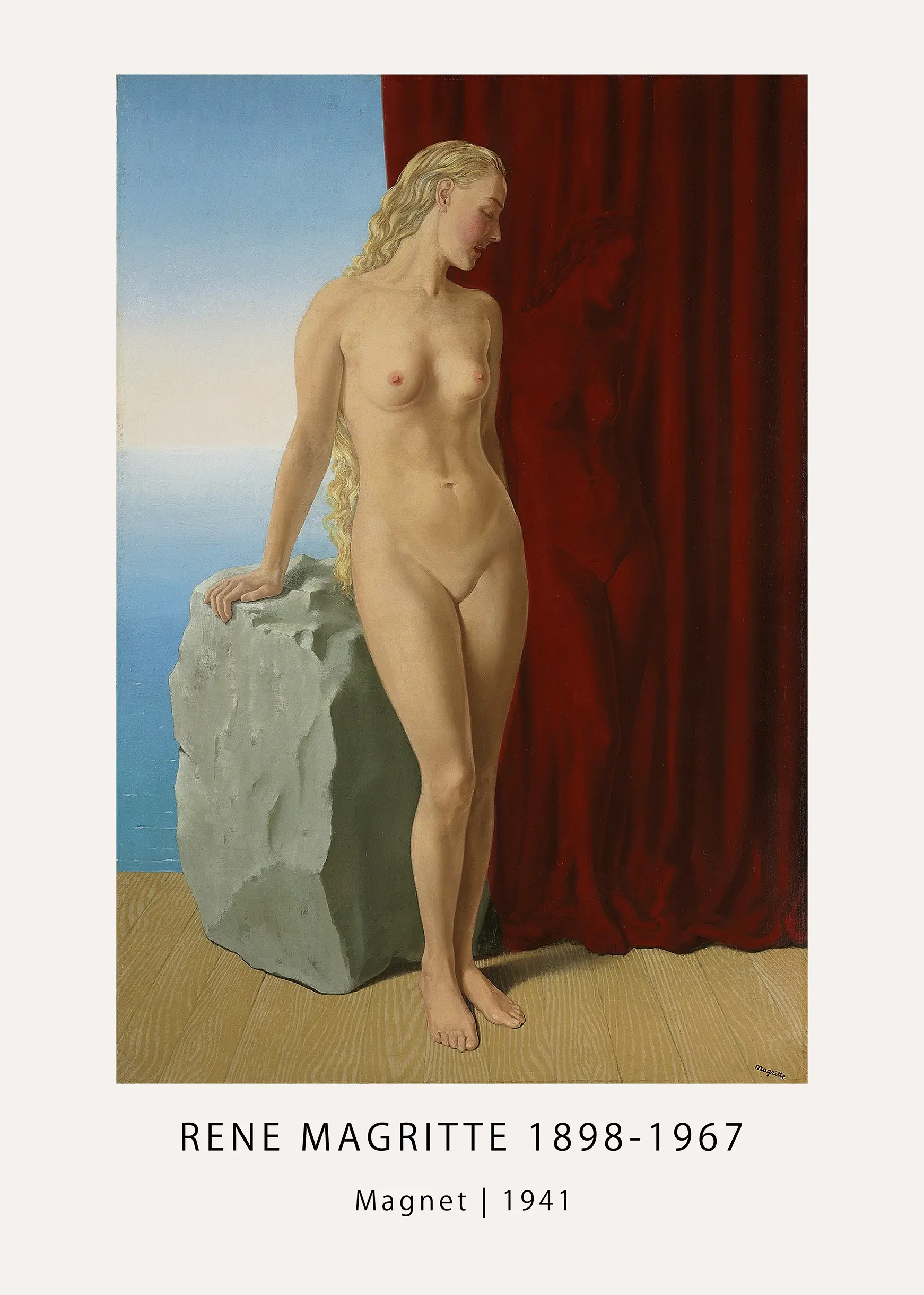 René Magritte Magnet Print - 1941 Surrealist Figure Vintage Wall Art René Magritte Magnet Print Featuring A Blonde Nude Woman Leaning On A Rock With A Red Curtain And Blue Sea Background.