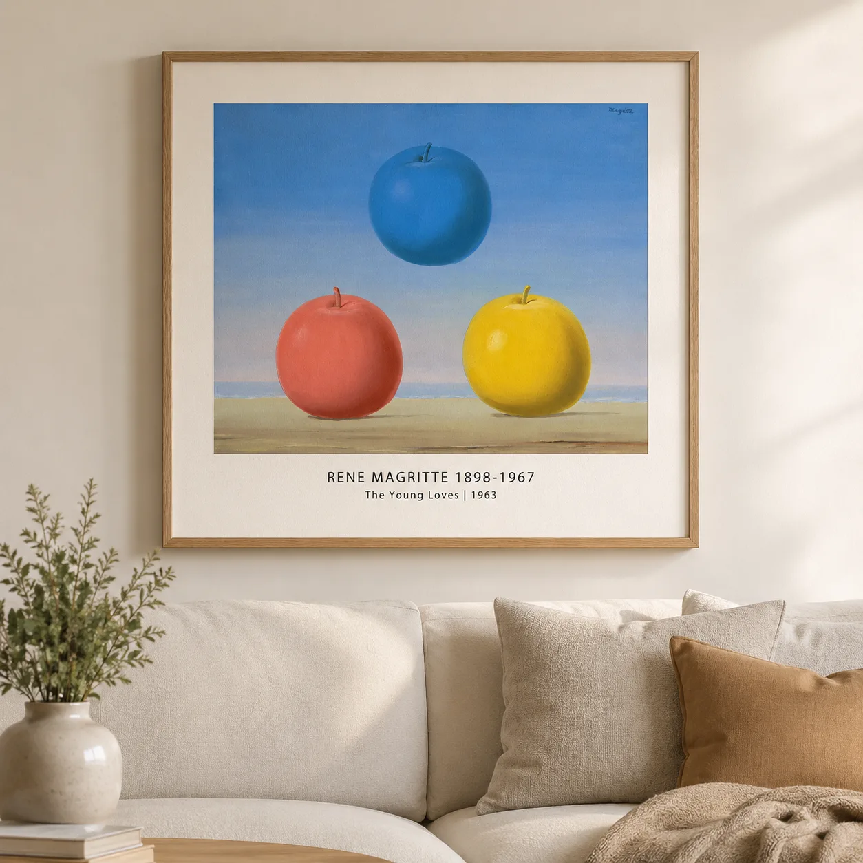 Magritte Apple Poster Young — magritte apple poster featuring three bold red, yellow, and blue apples