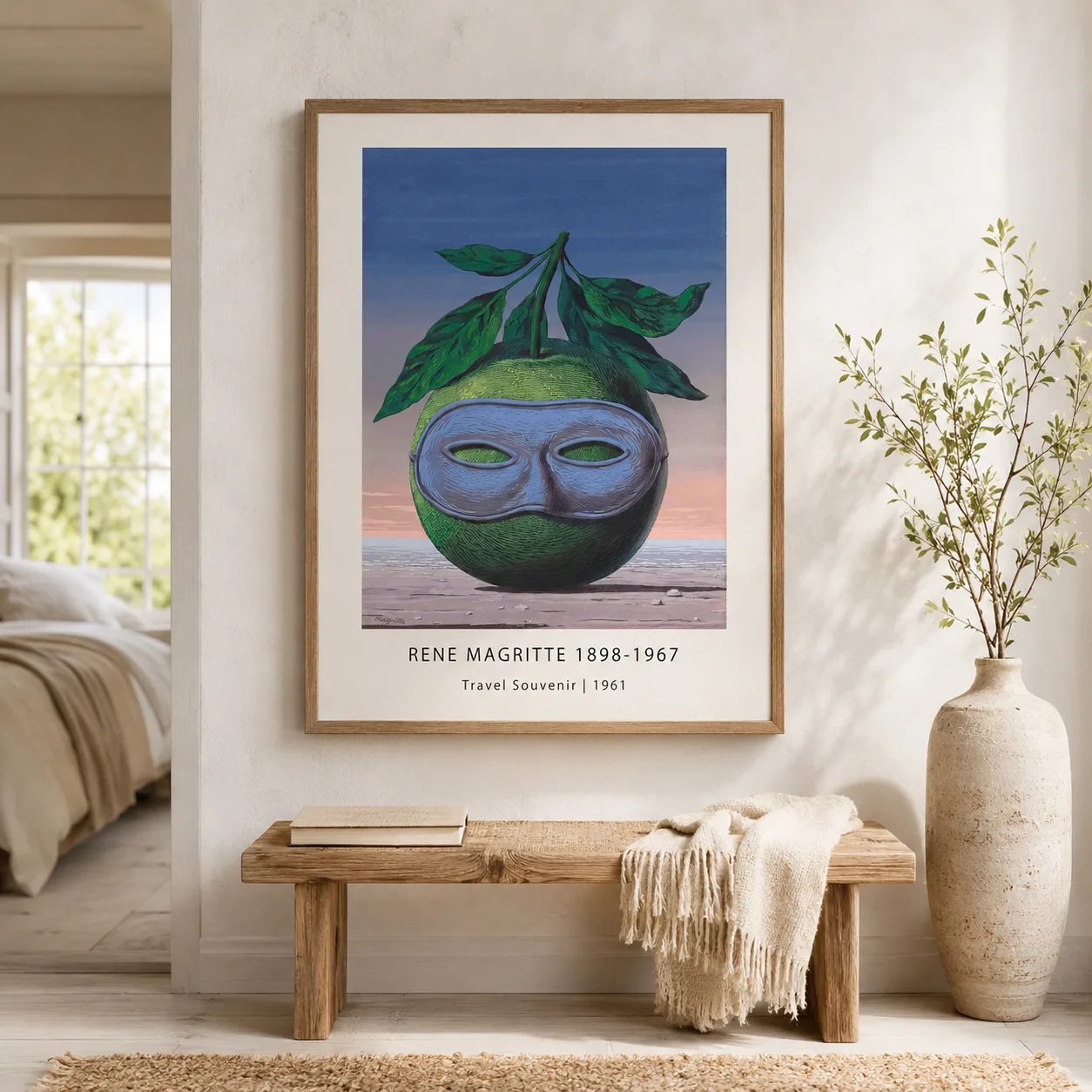 Magritte Apple Print Masked — magritte apple print with a green masked apple on a quiet shore, built