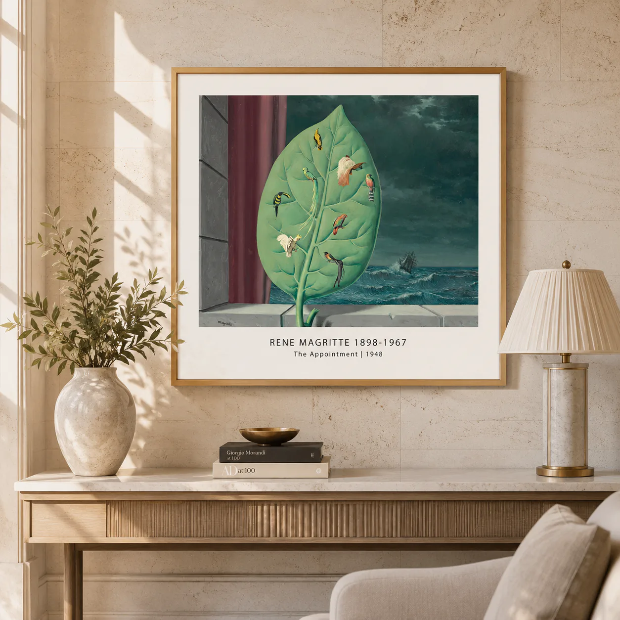 Room mockup of Magritte Appointment Print, Leaf Birds Surrealist Art, displayed as framed wall art in a bedroom setting as a landscape print with green tones.