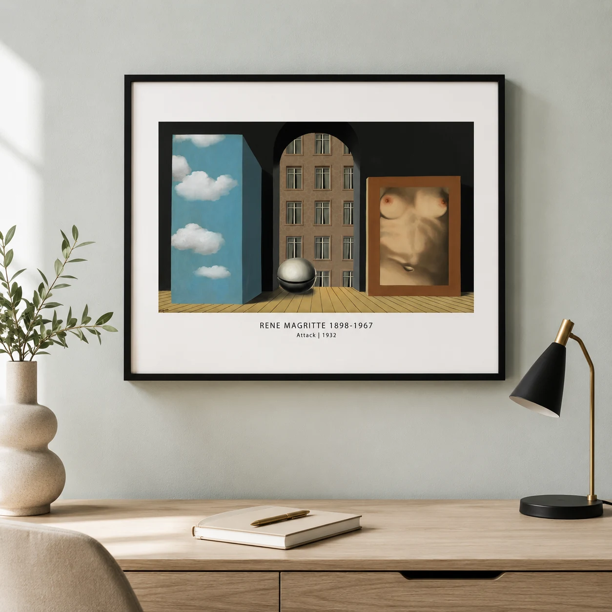 Room mockup of Magritte Attack Print, Bell Sphere Surrealist Wall Art Print, displayed as framed wall art in a living room setting as a landscape print.