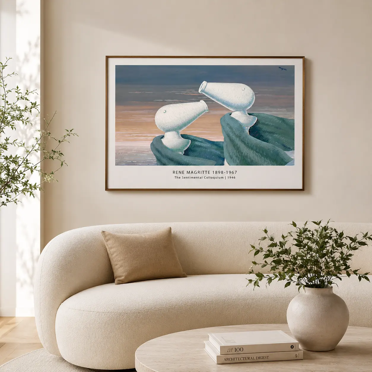 Room mockup of Magritte Colloquium Print, Coastal Figures Surreal Wall Art Print, displayed as framed wall art in a bedroom setting as a landscape print.