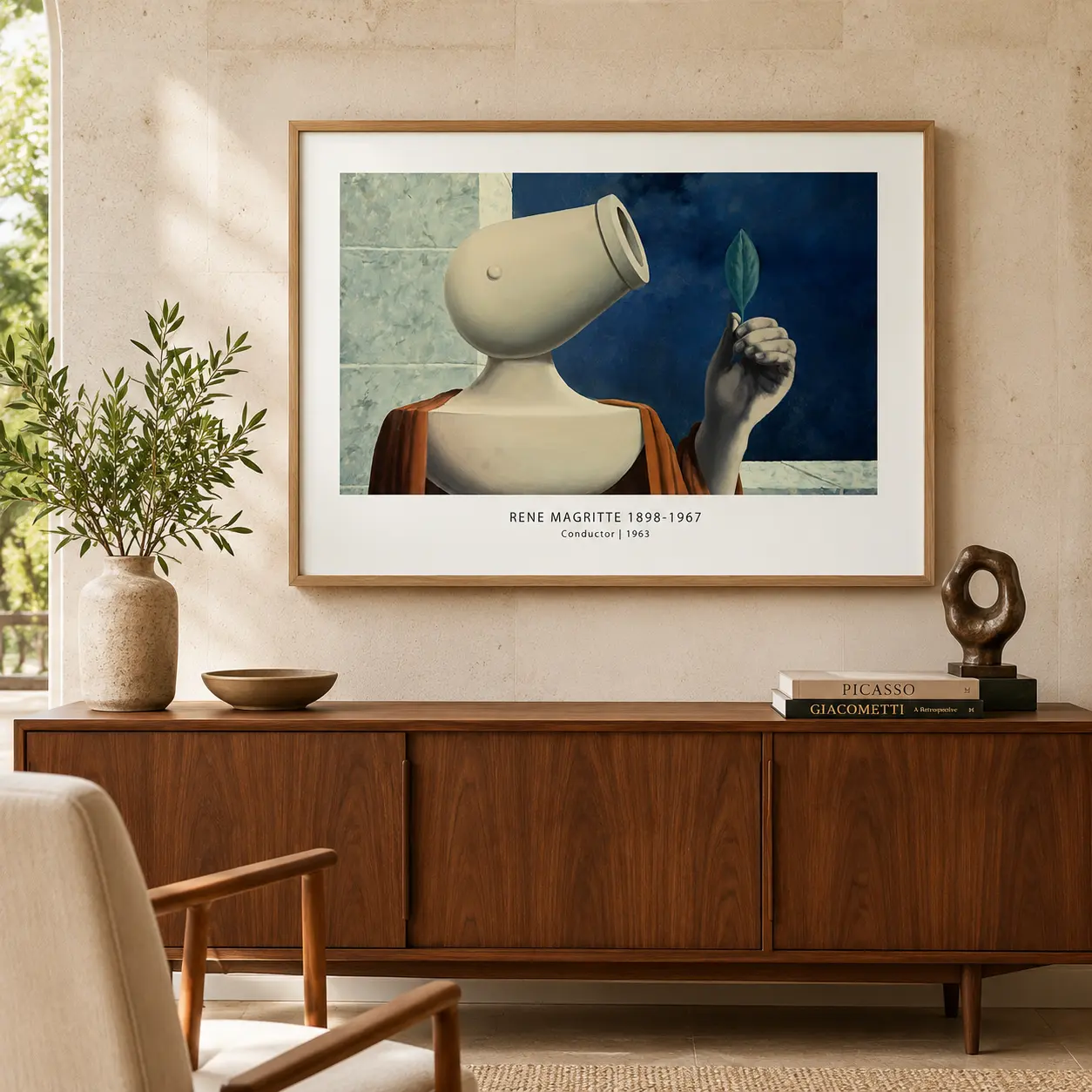 Room mockup of Magritte Conductor Print, Urn-Head Figure Wall Art Print, displayed as framed wall art in a living room setting as a landscape print with blue and green tones.