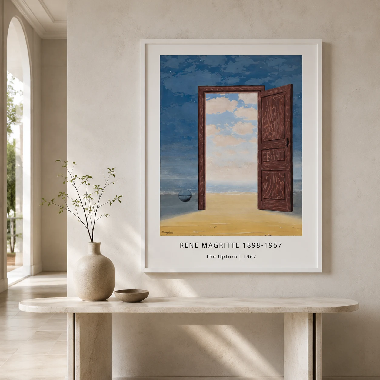 Room mockup of Magritte Door Poster, The Upturn Night and Day Wall Art Print, displayed as framed wall art in a living room setting as a portrait print with blue tones.