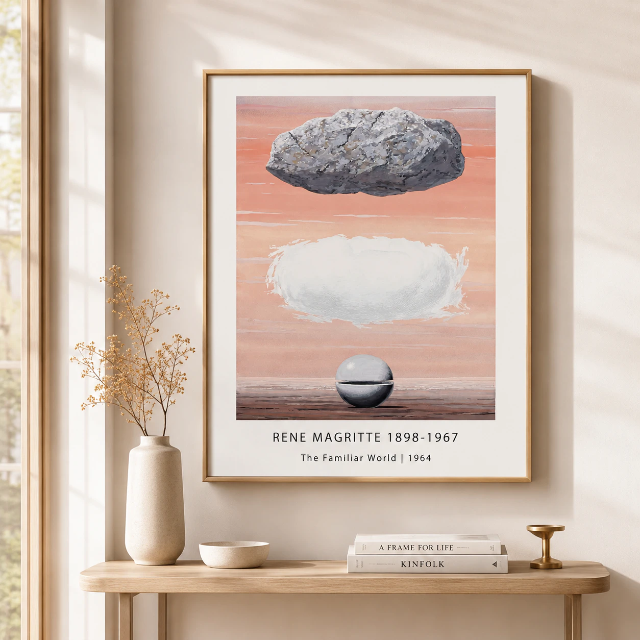 Room mockup of Magritte Familiar World Print, Floating Stone Sea Wall Art Print, displayed as framed wall art in a bedroom setting as a portrait print.