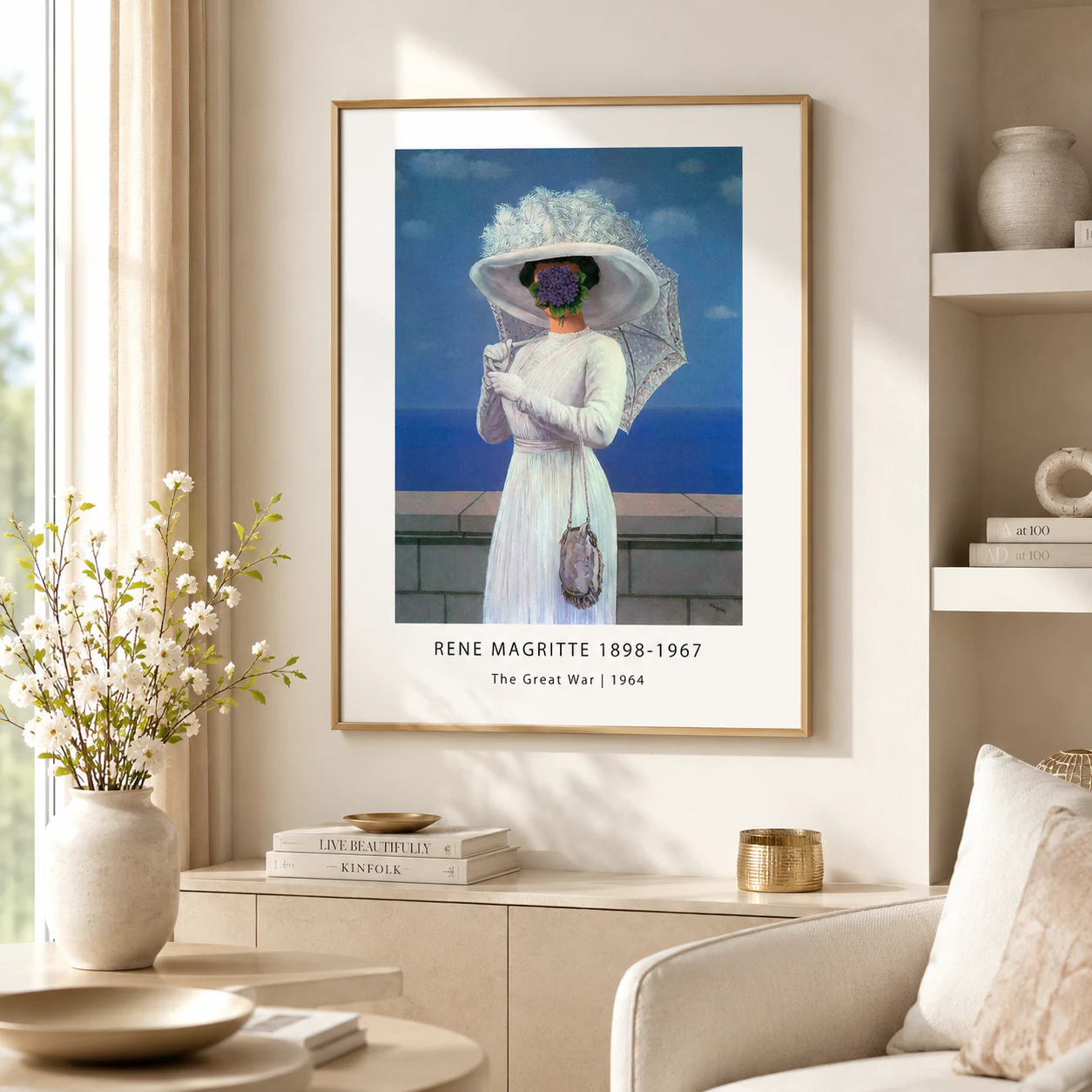 Room mockup of Magritte Great War Print, Violet Bouquet Portrait Wall Art Print, displayed as framed wall art in a living room setting as a portrait print with blue and white tones.