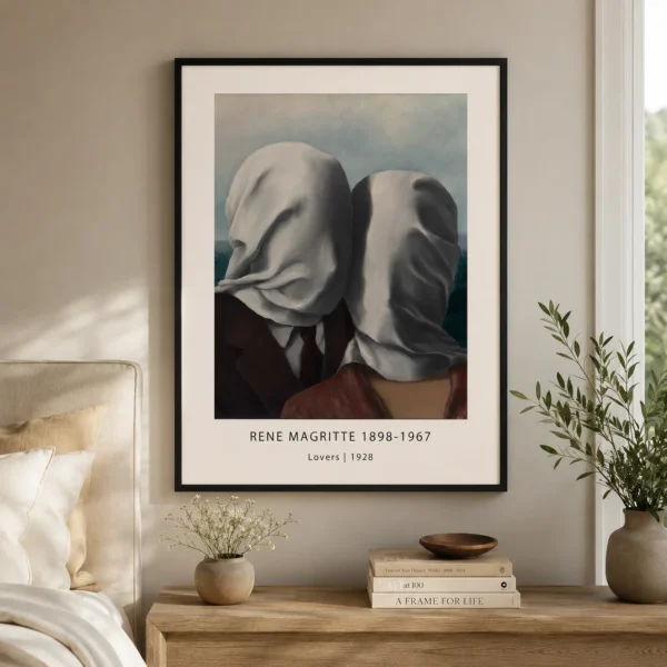 Magritte Lovers Print, Veiled Kiss Surrealist Wall Art Print