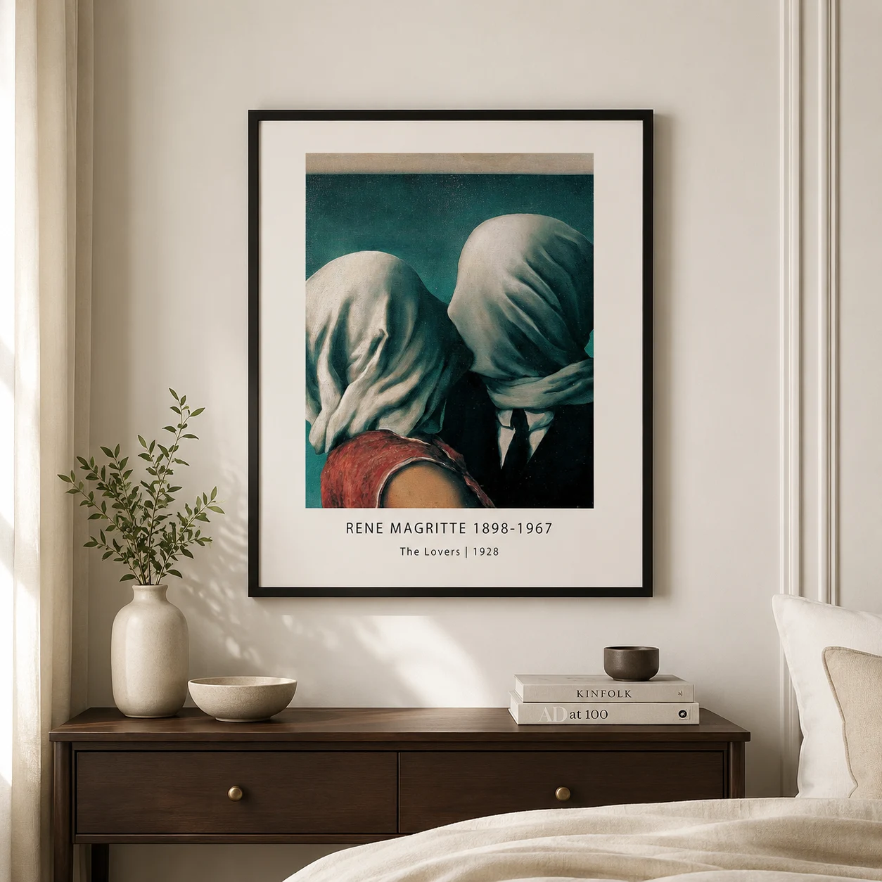 Room mockup of Magritte Lovers Print, Surreal Wrapped Couple Wall Art Print, displayed as framed wall art in a living room setting as a portrait print with teal and red tones.