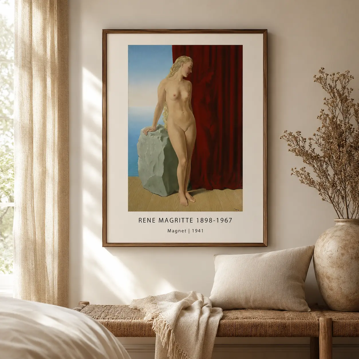 Room mockup of Magritte Magnet Poster, Red Curtain Surrealist Nude Art, displayed as framed wall art in a bedroom setting as a portrait print with red tones.