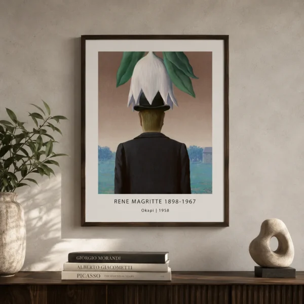 Magritte Okapi Print, White Flower Bowler Hat Wall Art Print