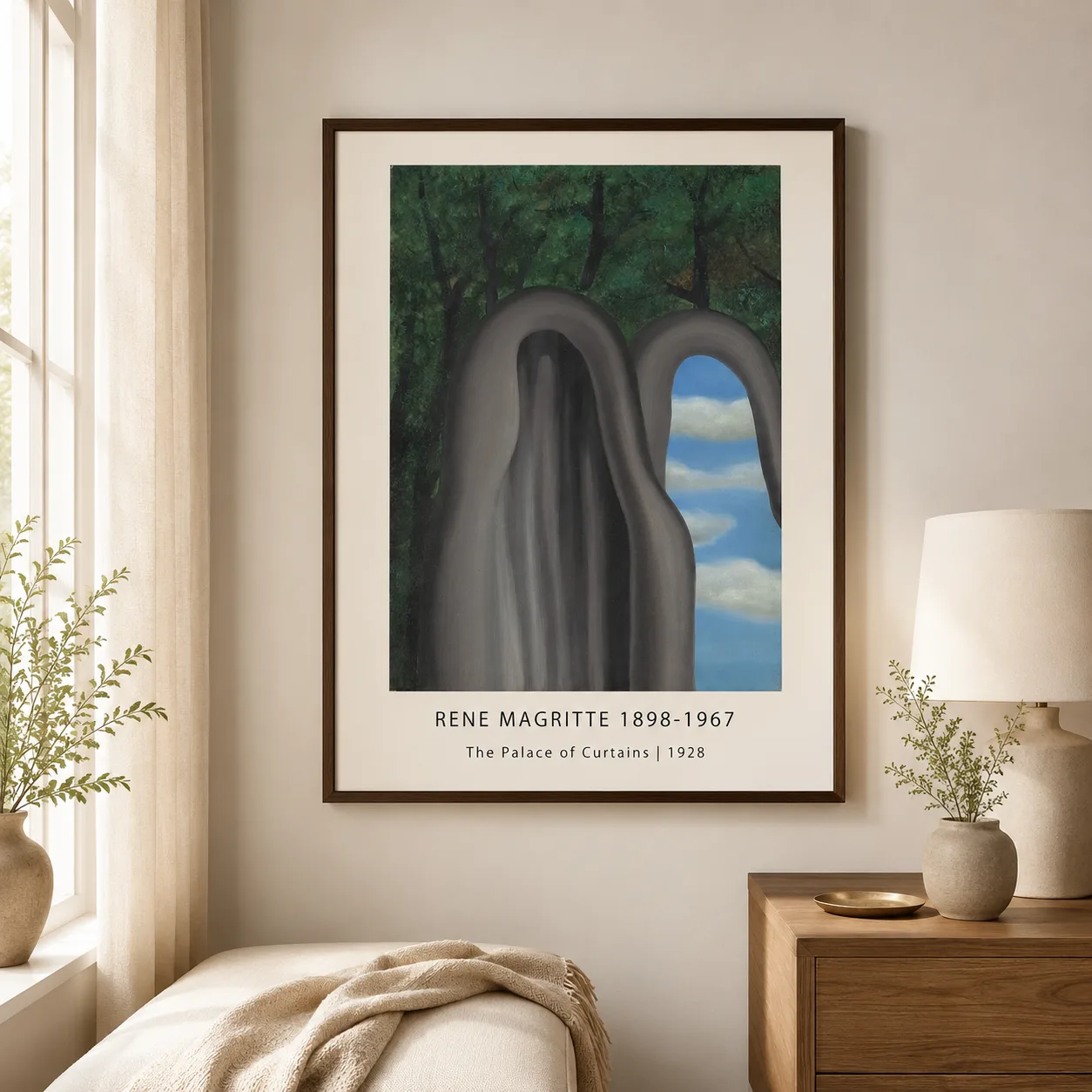 Room mockup of Magritte Palace Curtains Print, Forest and Sky Surreal Art, displayed as framed wall art in a bedroom setting as a portrait print with blue, green, and grey tones.