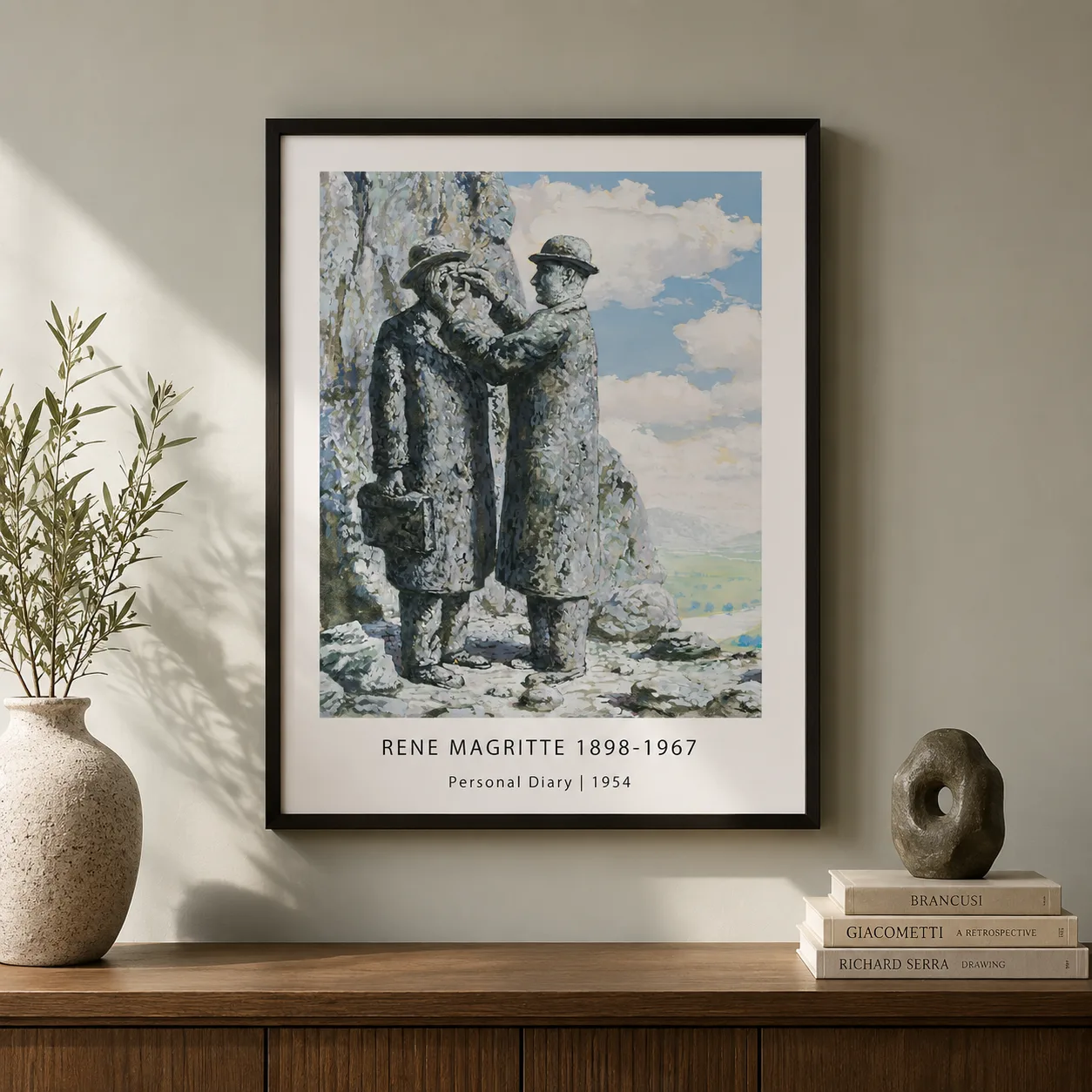 Room mockup of Magritte Personal Diary Poster, Stone Bowler Hat Wall Art Print, displayed as framed wall art in a living room setting as a portrait print with blue and green tones.