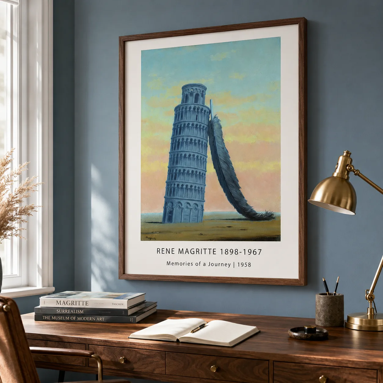 Room mockup of Magritte Pisa Poster, Memories of a Journey Wall Art Print, displayed as framed wall art in a living room setting as a portrait print with blue, yellow, and pink tones.
