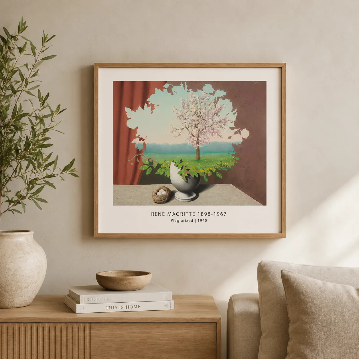 Room mockup of Magritte Plagiarism Print, Tree Silhouette Surreal Wall Art Print, displayed as framed wall art in a bedroom setting as a landscape print with green and white tones.