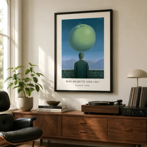 Magritte Postcard Print, Green Apple Surreal Wall Art Print