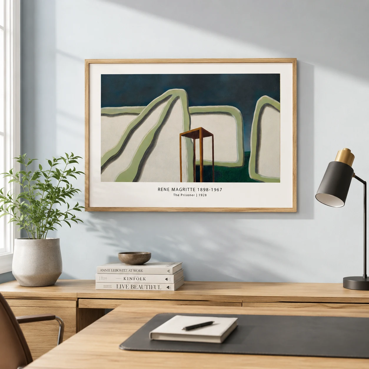 Room mockup of Magritte Prisoner Print, Abstract Surrealist Wall Art Print, displayed as framed wall art in a living room setting as a landscape print with green and white tones.