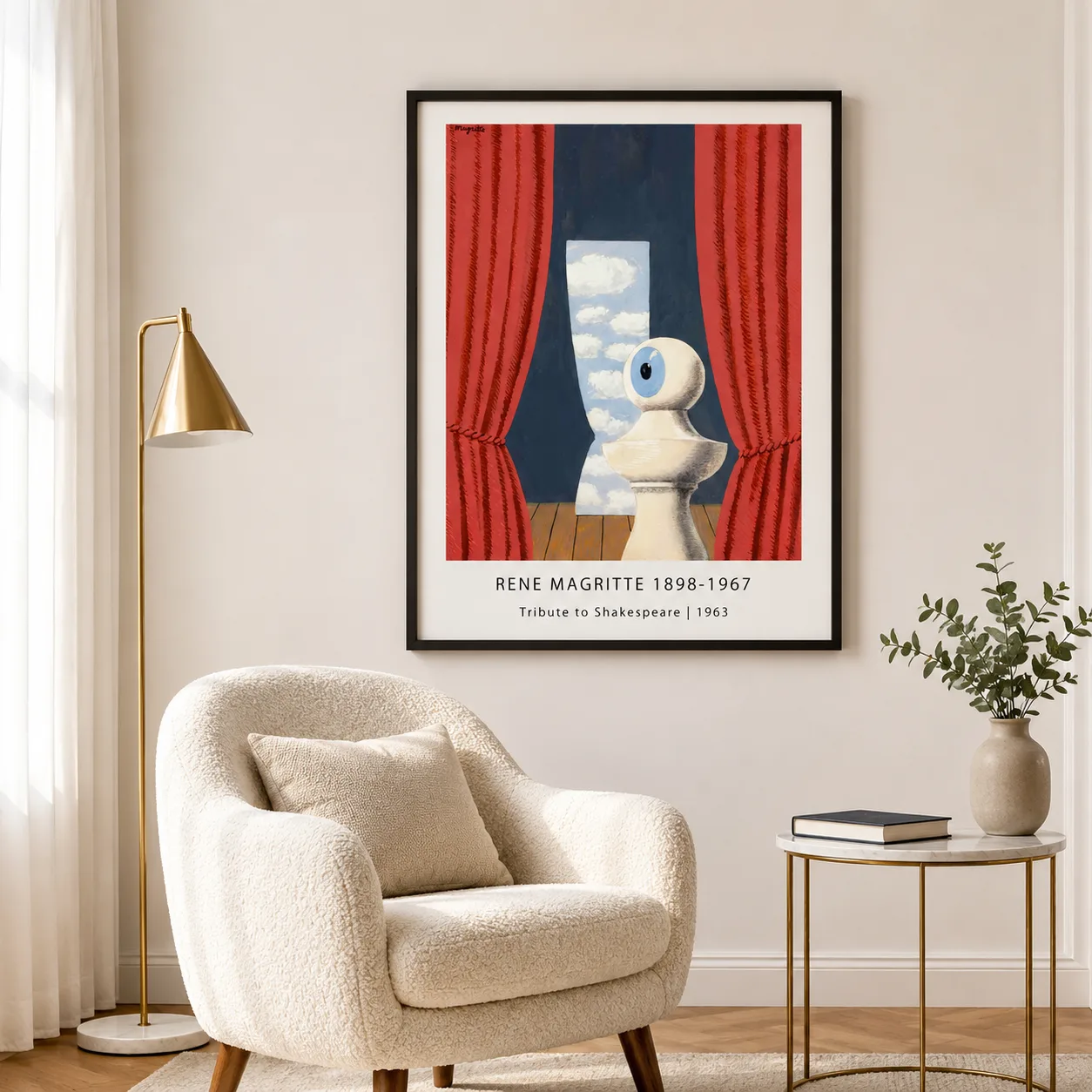 Room mockup of Magritte Shakespeare Poster, Red Curtain Surreal Wall Art Print, displayed as framed wall art in a living room setting as a portrait print with blue and red tones.