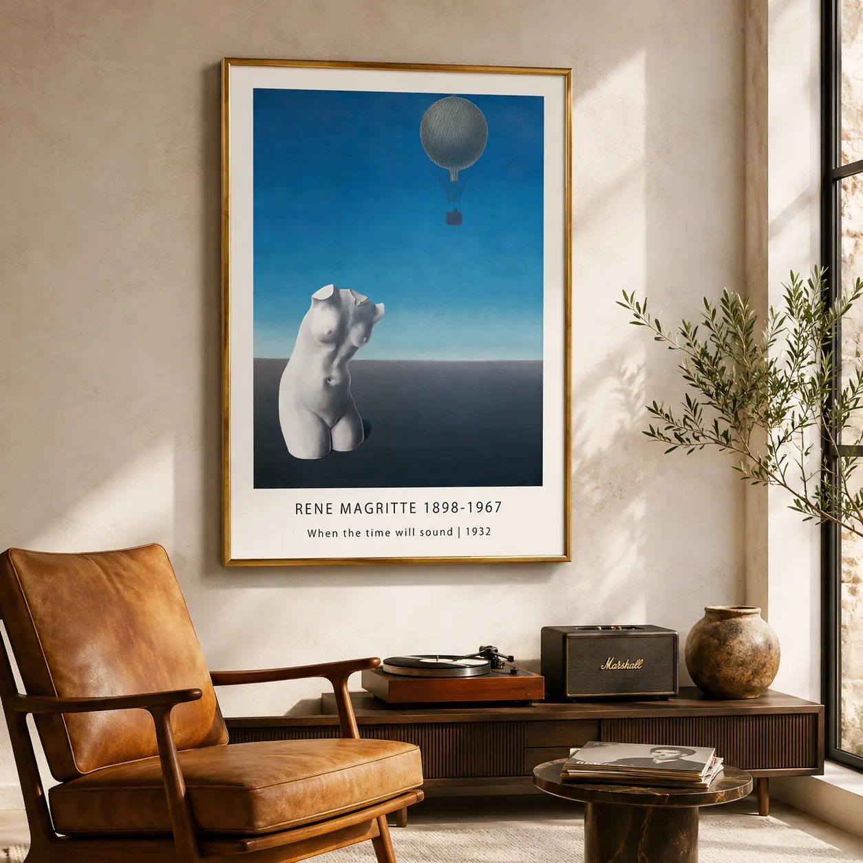 Room mockup of Magritte Surrealist Poster, When the Time Will Sound Blue Art, displayed as framed wall art in a living room setting as a portrait print with blue tones.