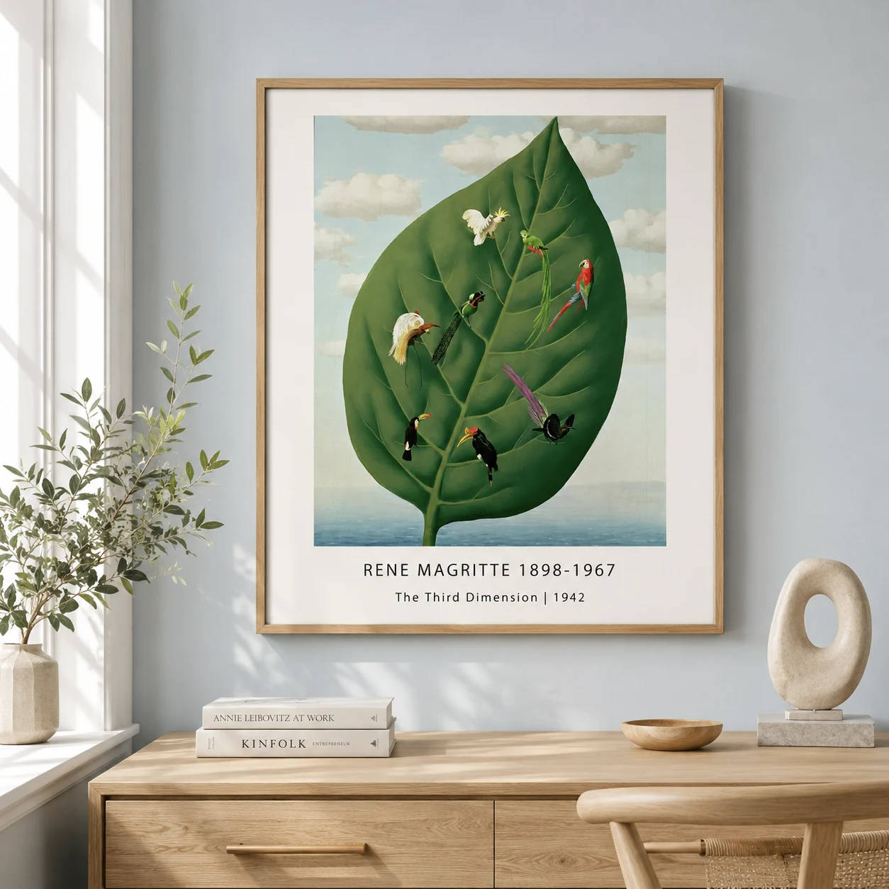 Magritte Third Dimension Print — magritte Third Dimension print with tropical birds resting on a giant