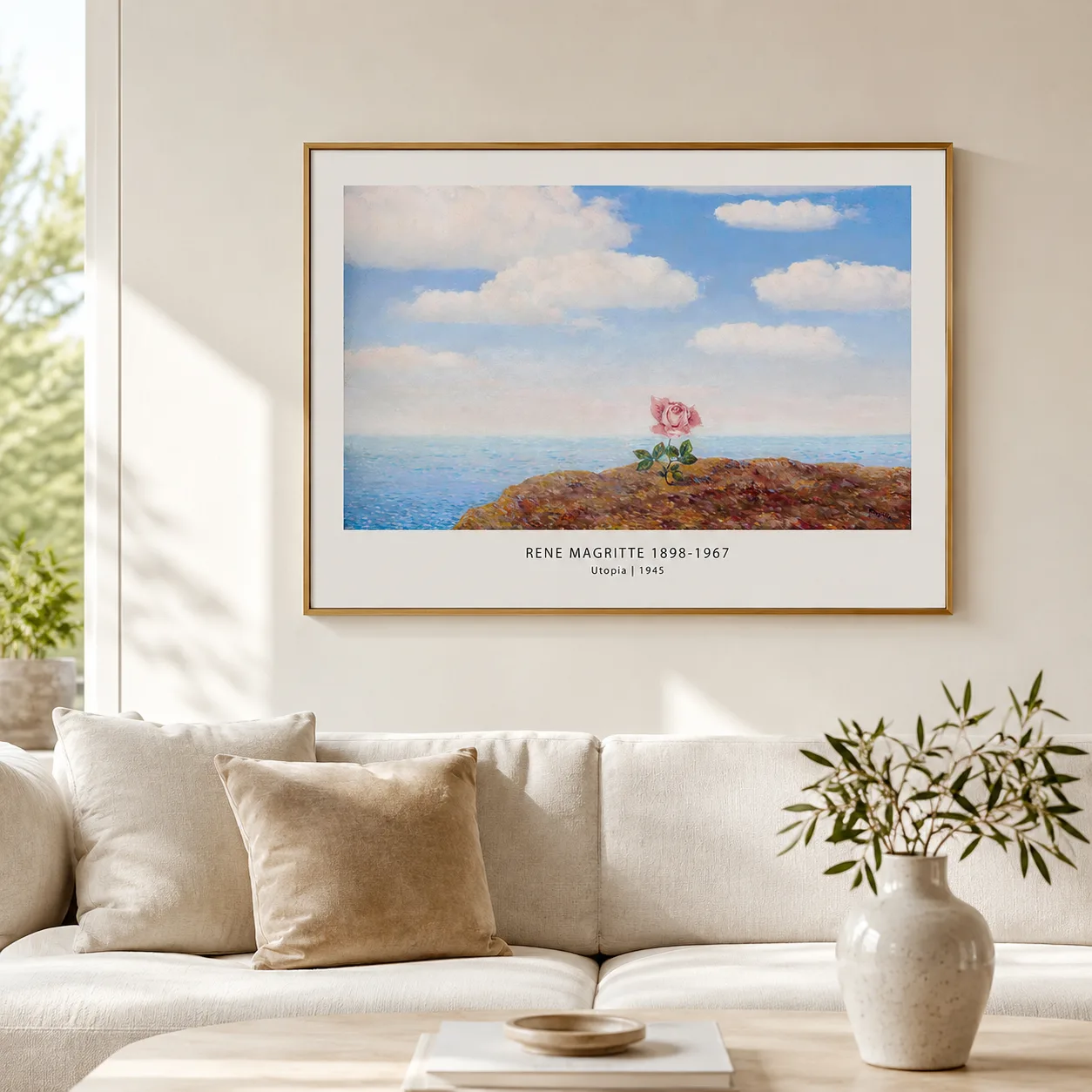 Magritte Utopia Print Pink — magritte Utopia print with a lone pink rose on rocky coastal ground