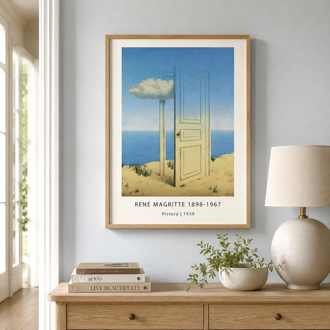 Magritte Victory Print Door — magritte Victory print with a freestanding beach door and cloud passing