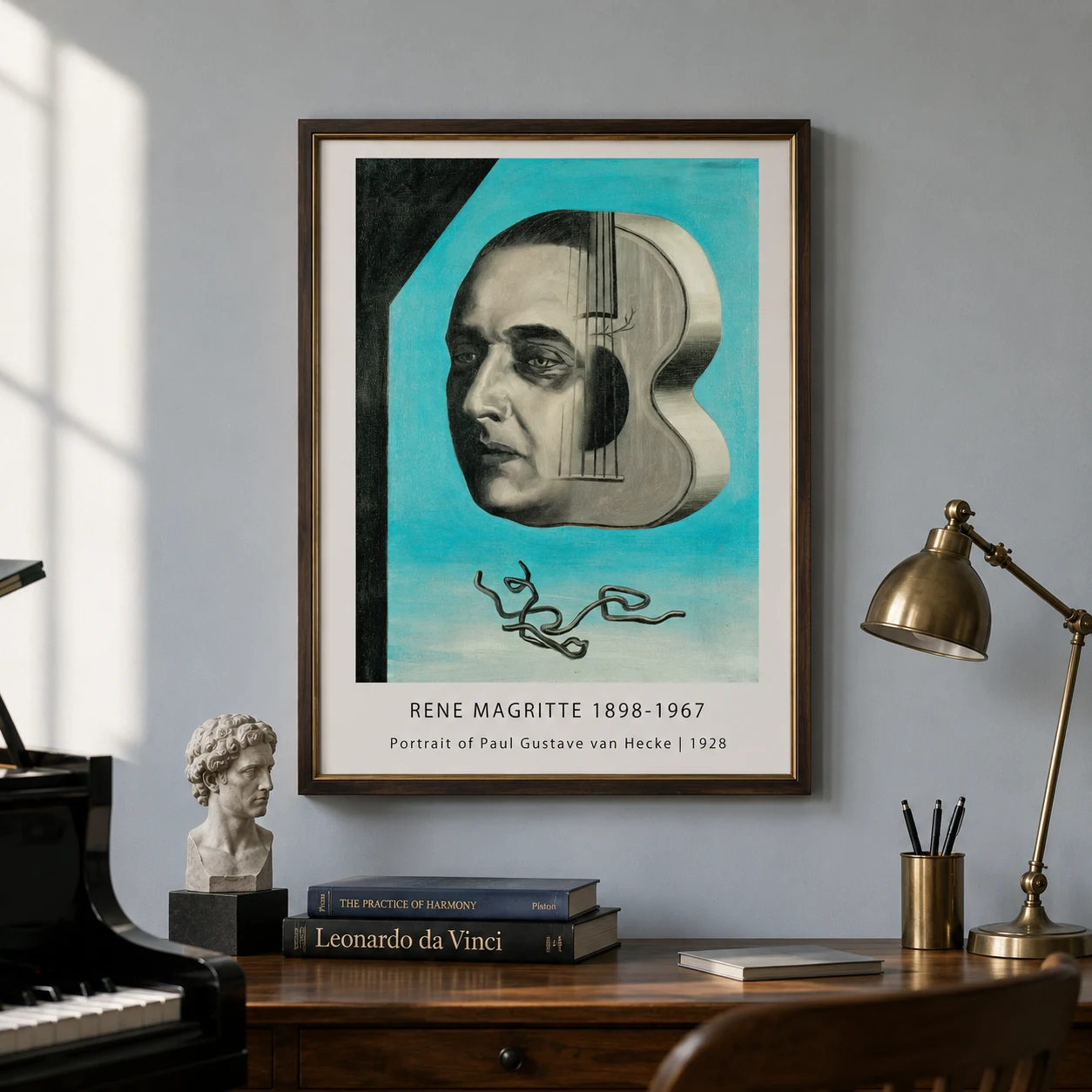 Room mockup of Magritte portrait Print, Paul-Gustave van Hecke Wall Art Print, displayed as framed wall art in a living room setting as a portrait print with black and white and blue tones.