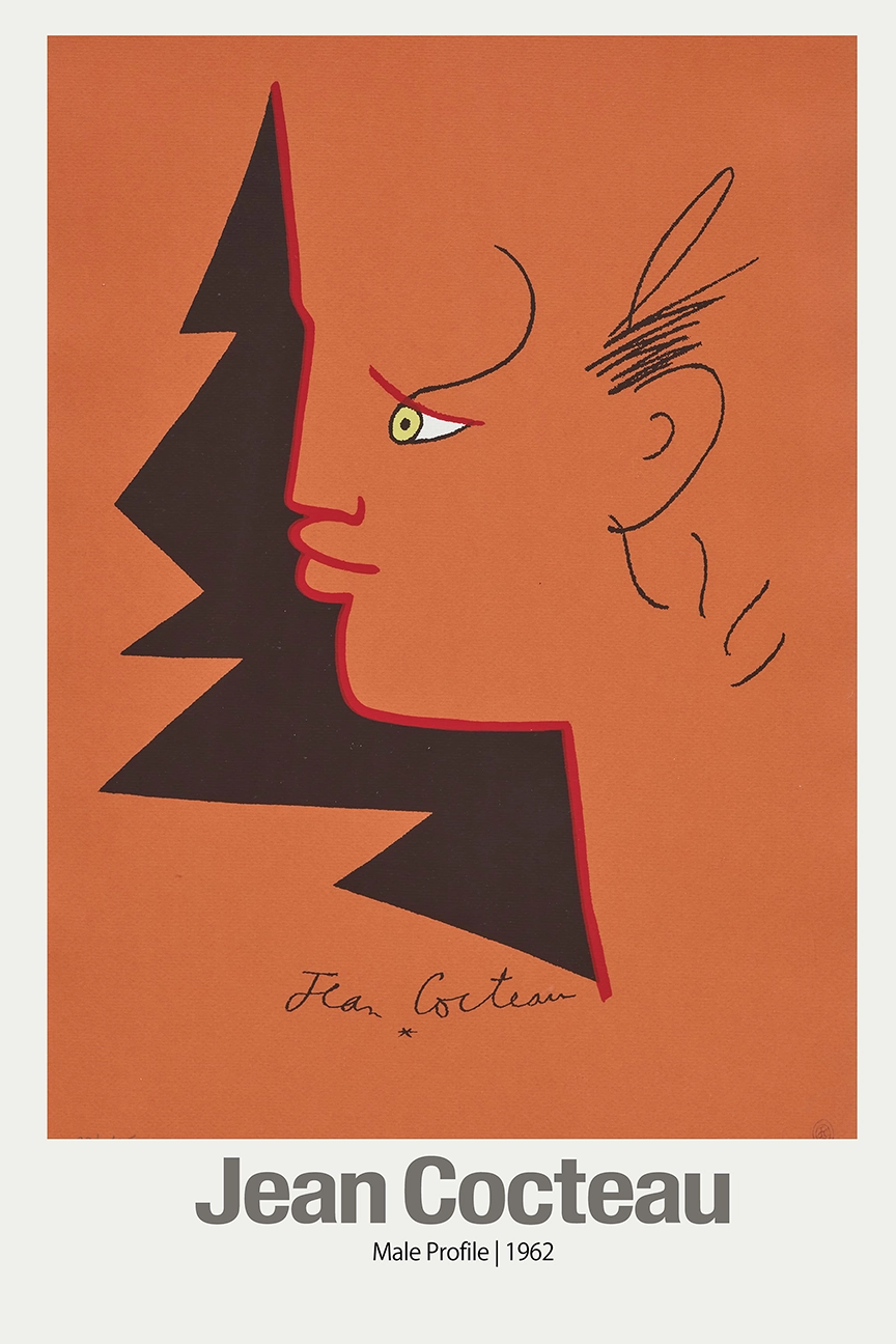 Exclusive Jean Cocteau Poster - 1962 Male Profile Surrealist Art Jean Cocteau Poster Depicting A 1962 Male Profile In Red Outline Against A Terracotta Background With A Black Jagged Shadow.