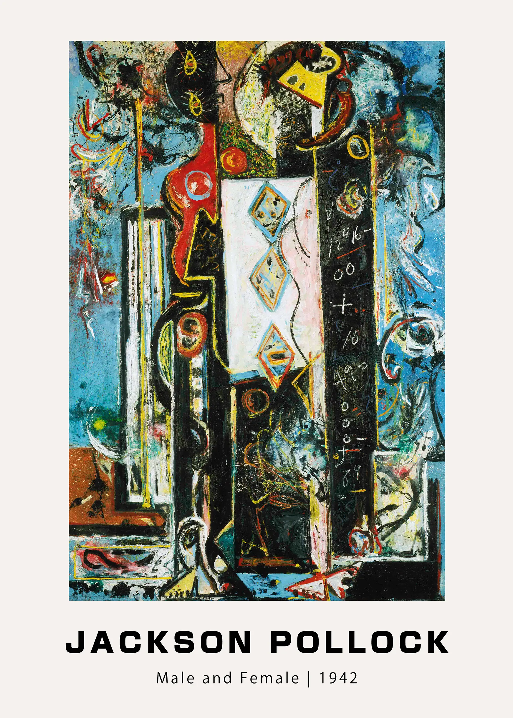 Jackson Pollock print of Male and Female 1942 featuring abstract totems, numbers, and vibrant red and yellow colors.