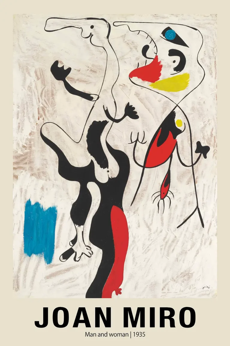 Joan Miro Man Woman — 1935 surrealist composition by Joan Miro featuring distorted black