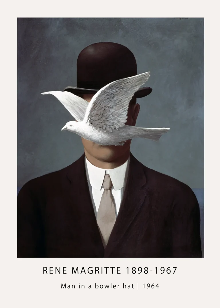 Magritte Bowler Hat Print — magritte bowler hat print with a white bird blocking the face of a