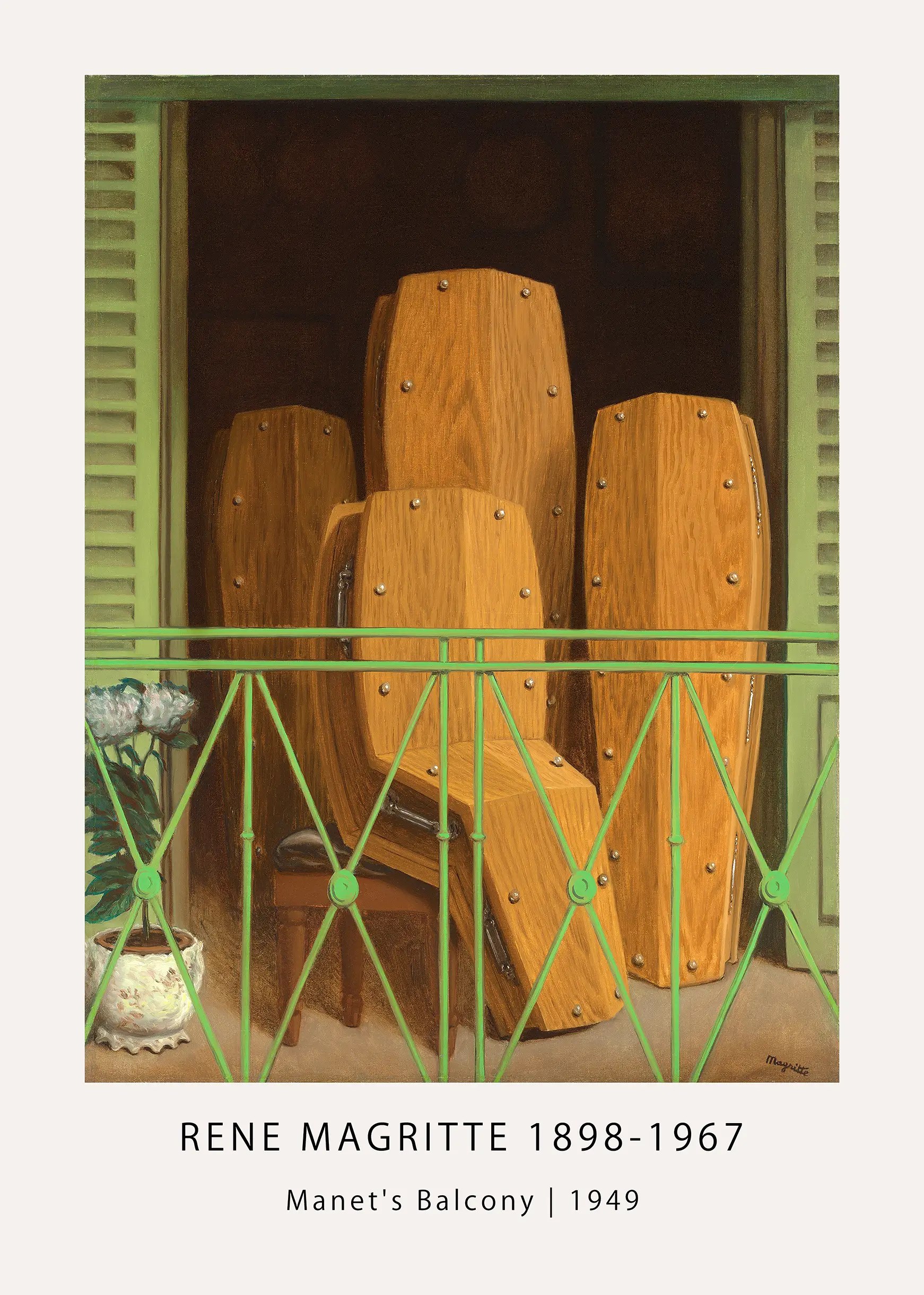 Magritte Balcony Print - Surrealist 1949 Perspective Art Poster Magritte Balcony Print Showing Four Coffins On A Balcony Behind Green Iron Railings In A Surrealist Parody Of Edouard Manet.