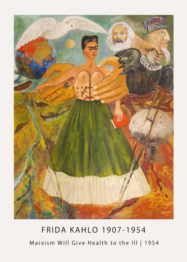 Marxism Will Give Health — vibrant surrealist print featuring Frida Kahlo supported by Karl Marx