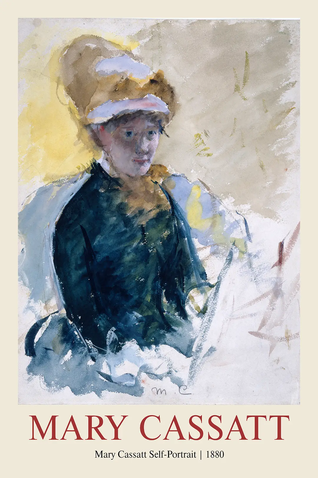 Mary Cassatt Self-Portrait - Authentic 1880 Impressionist Watercolor Print Mary Cassatt Self-Portrait. 1880 Watercolor Impressionist Painting Of The Artist In A Yellow Hat And Dark Dress.