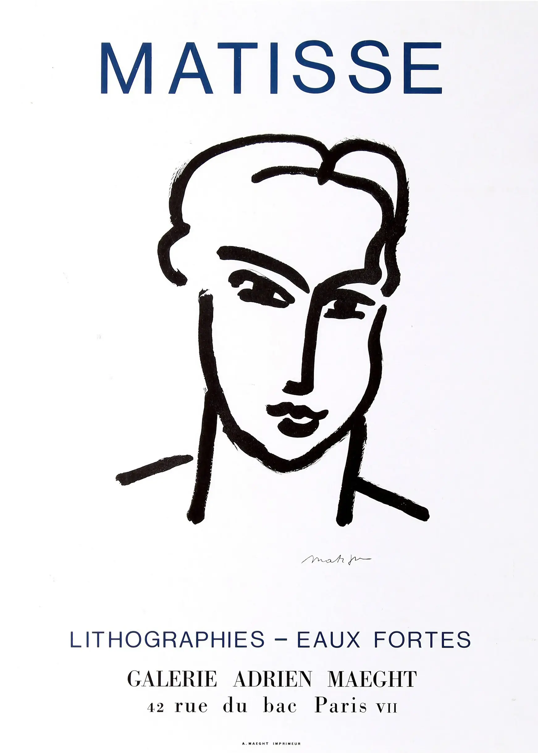 Classic Matisse Exhibition Poster - Galerie Adrien Maeght French Wall Art Matisse Exhibition Poster With Minimalist Black Line Drawing Of A Woman'S Face And Blue Typography From Galerie Adrien Maeght.