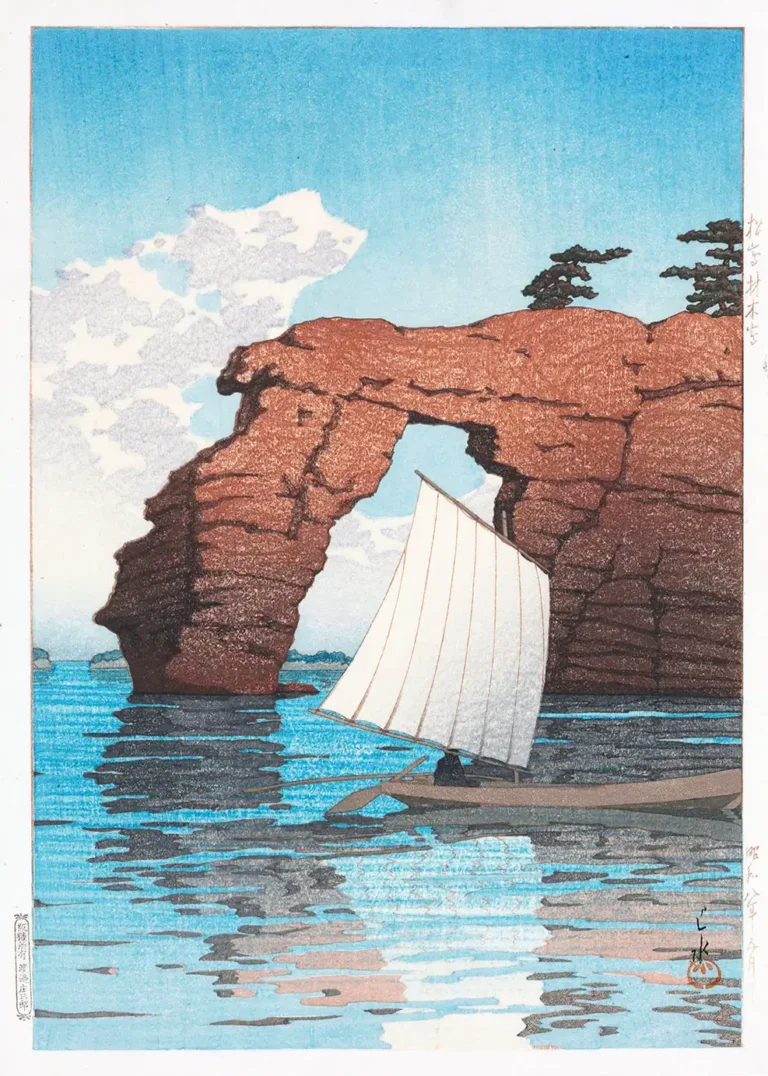 Matsushima Zaimokujima Woodblock — this Kawase Hasui woodblock print features the iconic Zaimokujima rock