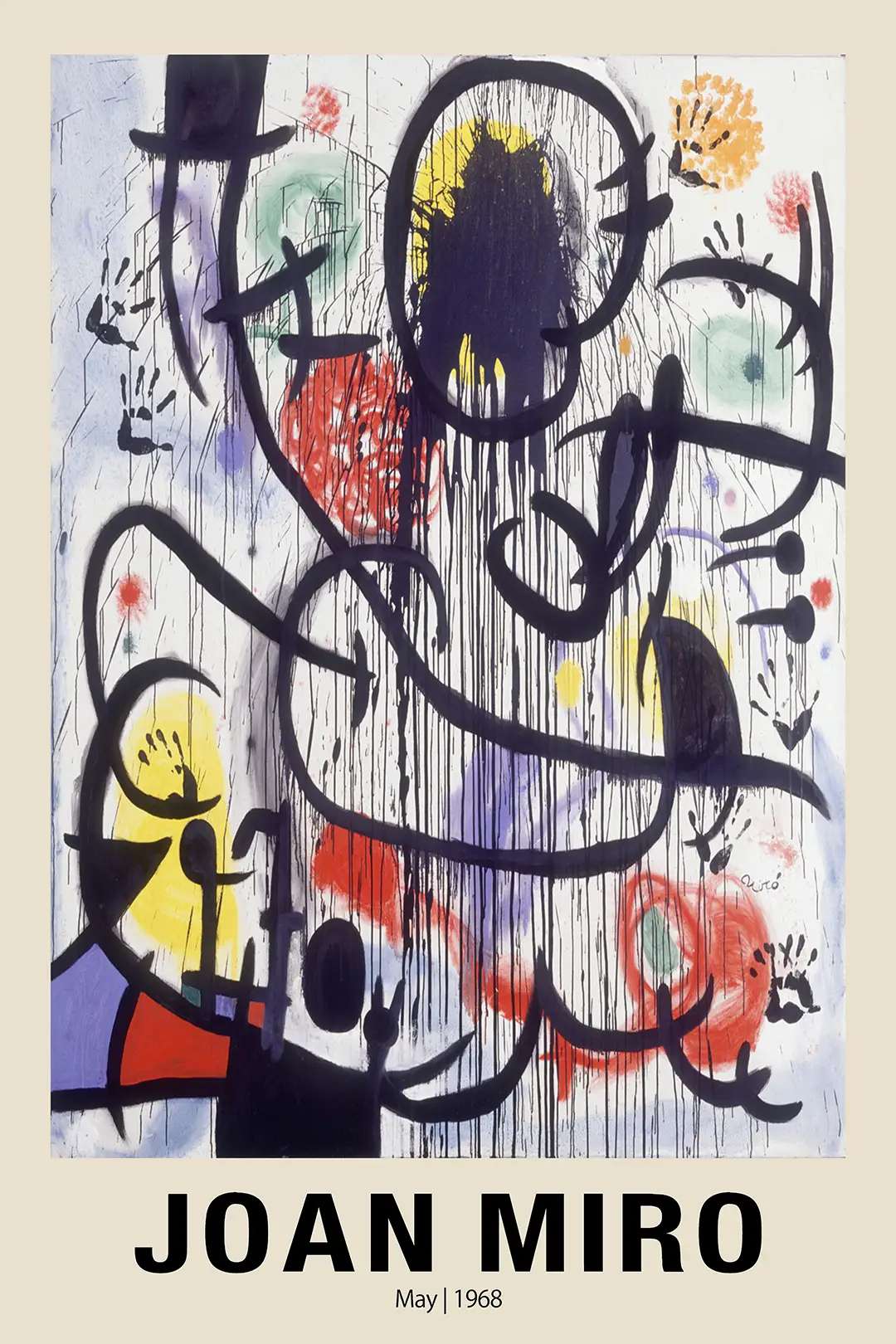 Authentic Joan Miro May 1968 Print - Surrealist Abstract Wall Art Joan Miro May 1968 Print Featuring Black Drips, Primary Color Circles, And Handprints On A White Background.