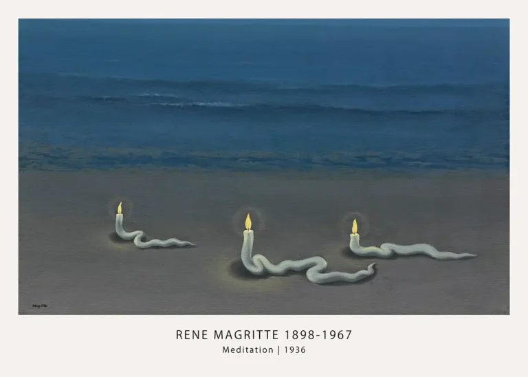 Magritte Meditation Print Snake — magritte Meditation print with three snake-shaped white candles burning