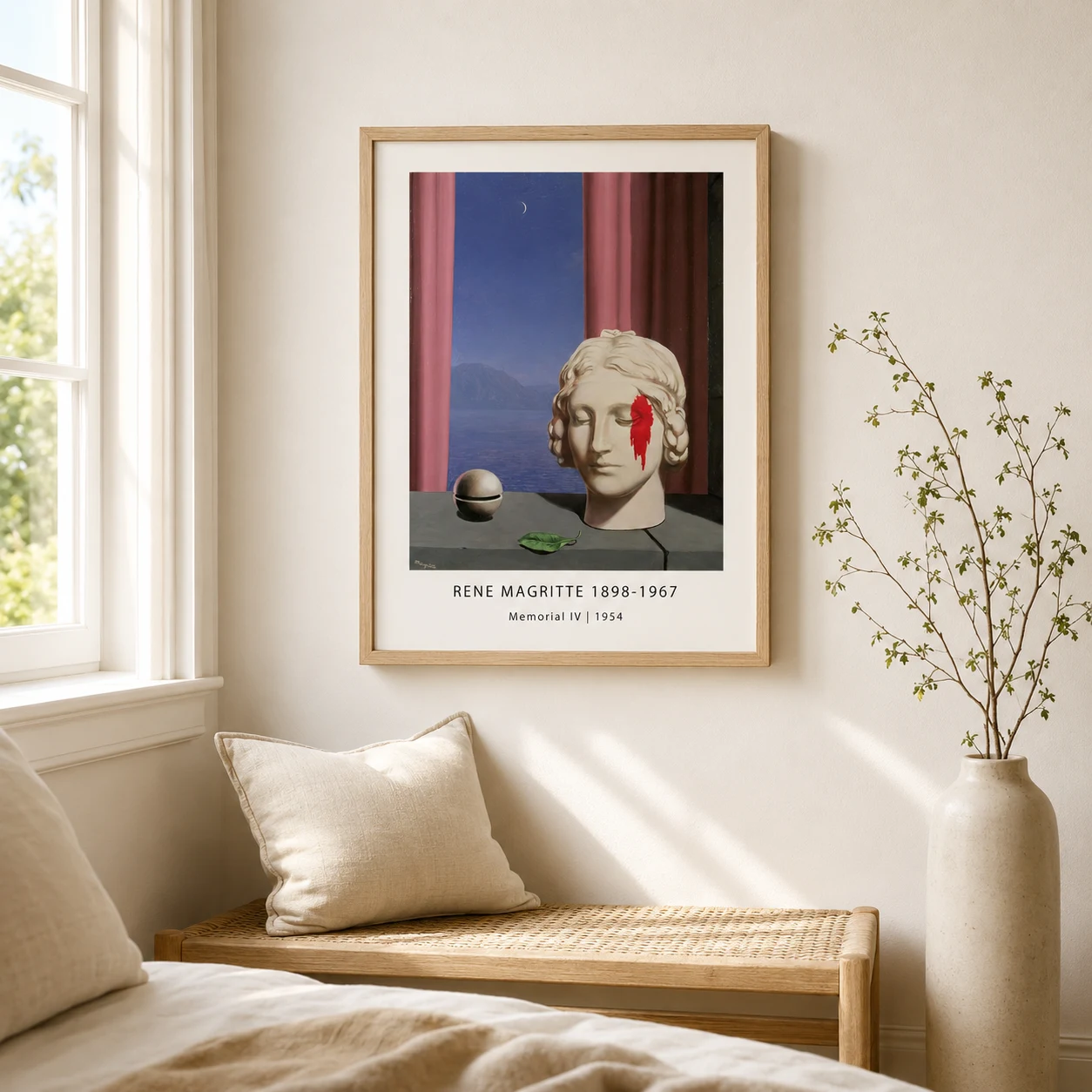 Room mockup of Memorial IV Print, Magritte Moonlit Bust Surrealist Art, displayed as framed wall art in a living room setting as a portrait print with red and white tones.