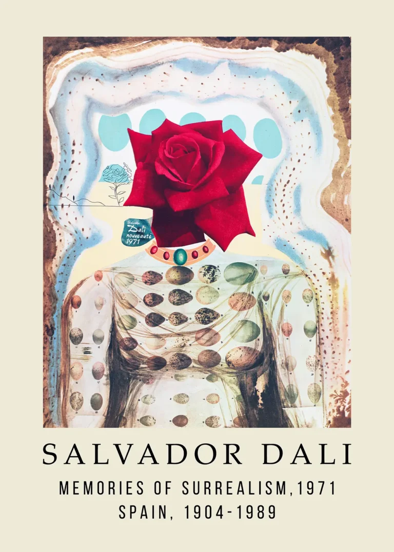 Salvador Dali Memories Surrealism — surrealist exhibition print featuring a vibrant red rose head atop a