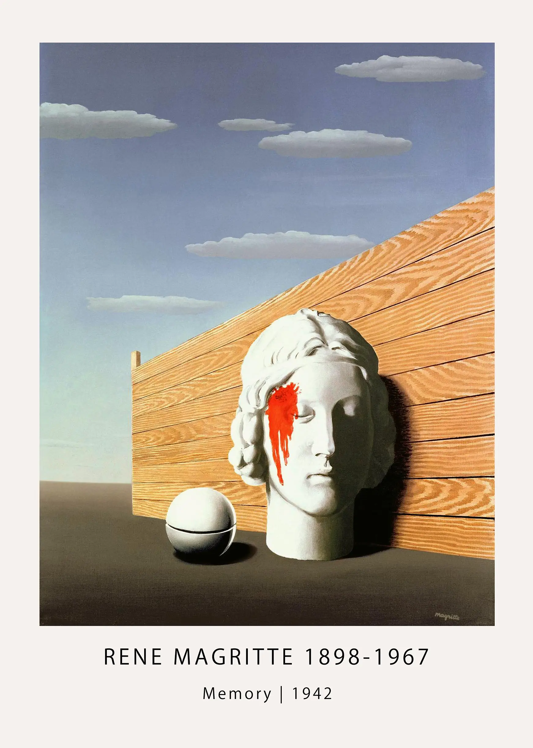 Classic Rene Magritte Memory - 1942 Surrealist Art Exhibition Print Rene Magritte Memory Poster Showing A White Plaster Head With A Red Stain And A Small Silver Bell On A Dark Floor.