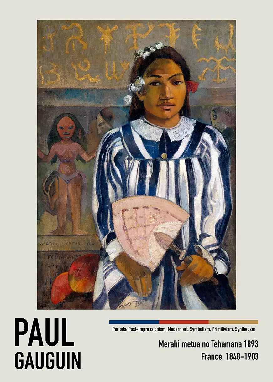 Classic Gauguin Tehamana Print - 1893 Paul Gauguin Tahiti Art Gauguin Tehamana Print Showing A Tahitian Woman In A Blue Striped Dress Holding A Fan With Ancient Glyphs Behind Her.