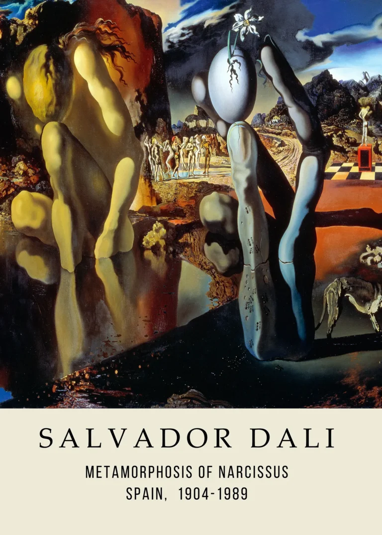 Salvador Dali Metamorphosis Narcissus — masterwork of surrealism featuring the dual imagery of a kneeling