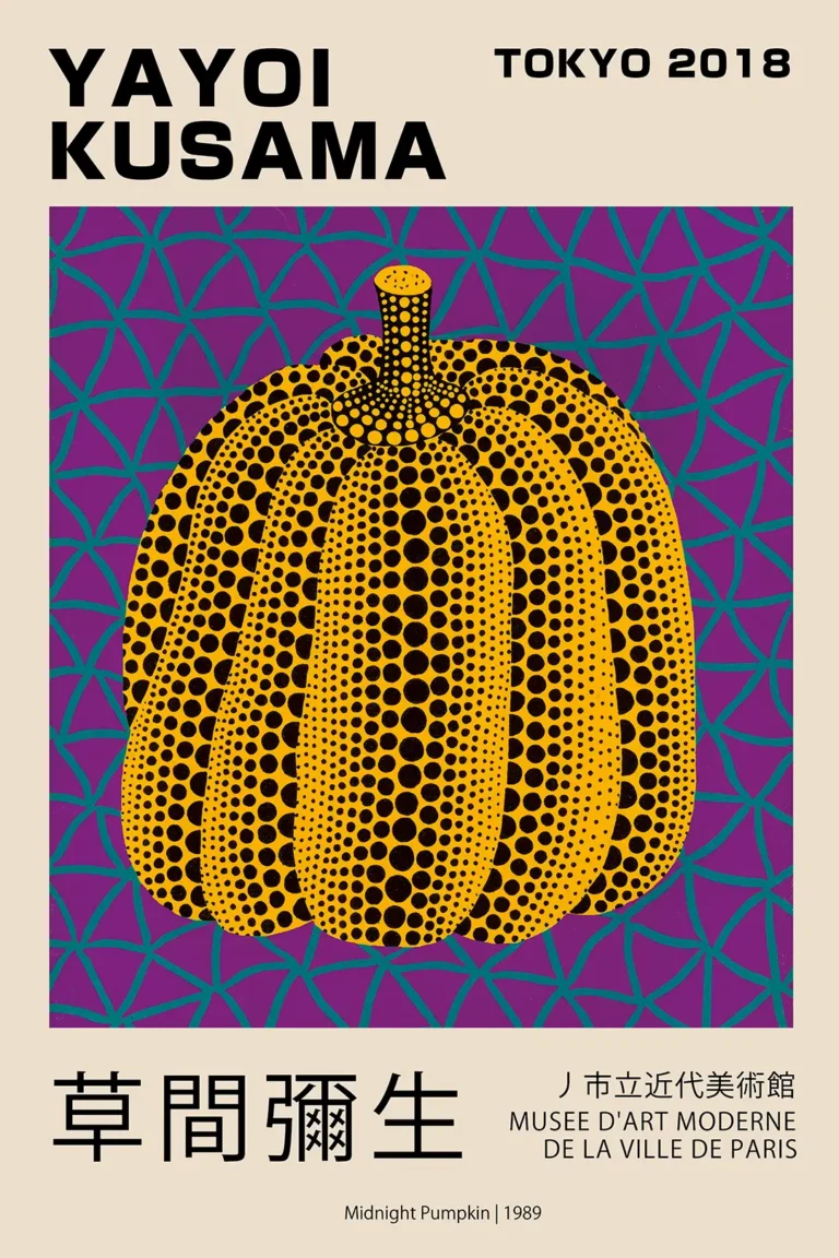 Yayoi Kusama Midnight Pumpkin — vibrant yellow pumpkin covered in black polka dots rests against a
