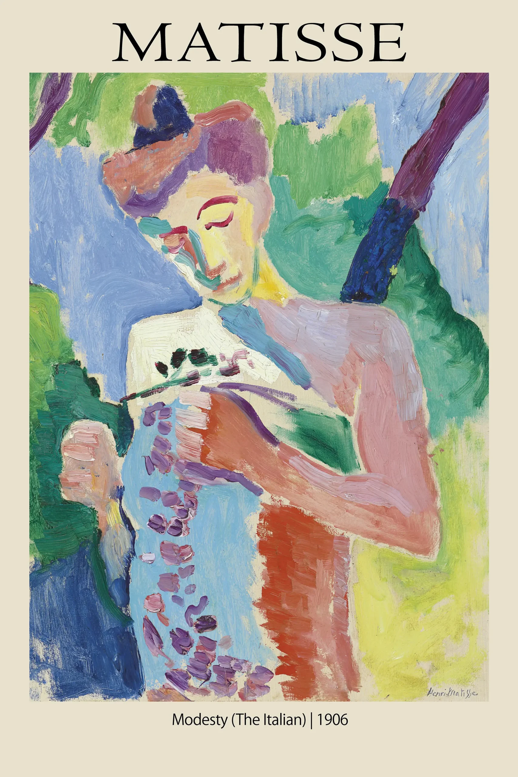 Authentic Matisse Italian Print - 1906 Fauvism Era Museum Quality Art Matisse Italian Print Featuring A Woman In Bold Purple And Green Fauvist Colors With Expressive 1906 Brushstrokes.