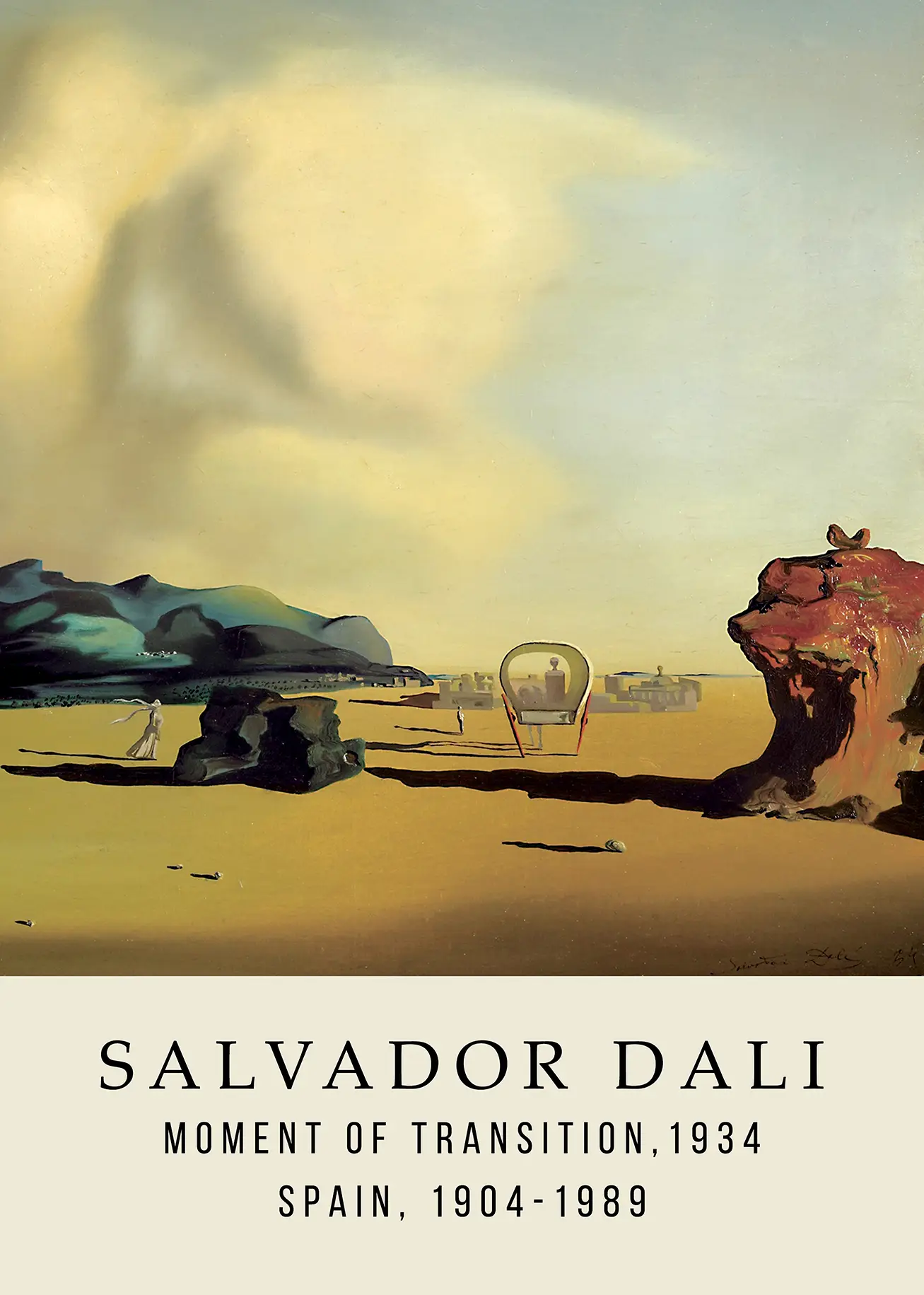 Authentic Salvador Dali Poster - Moment Of Transition 1934 Art Print Salvador Dali Poster Showing A Horse-Drawn Cart In A Desert Landscape With Long Shadows And Distant Blue Mountains.