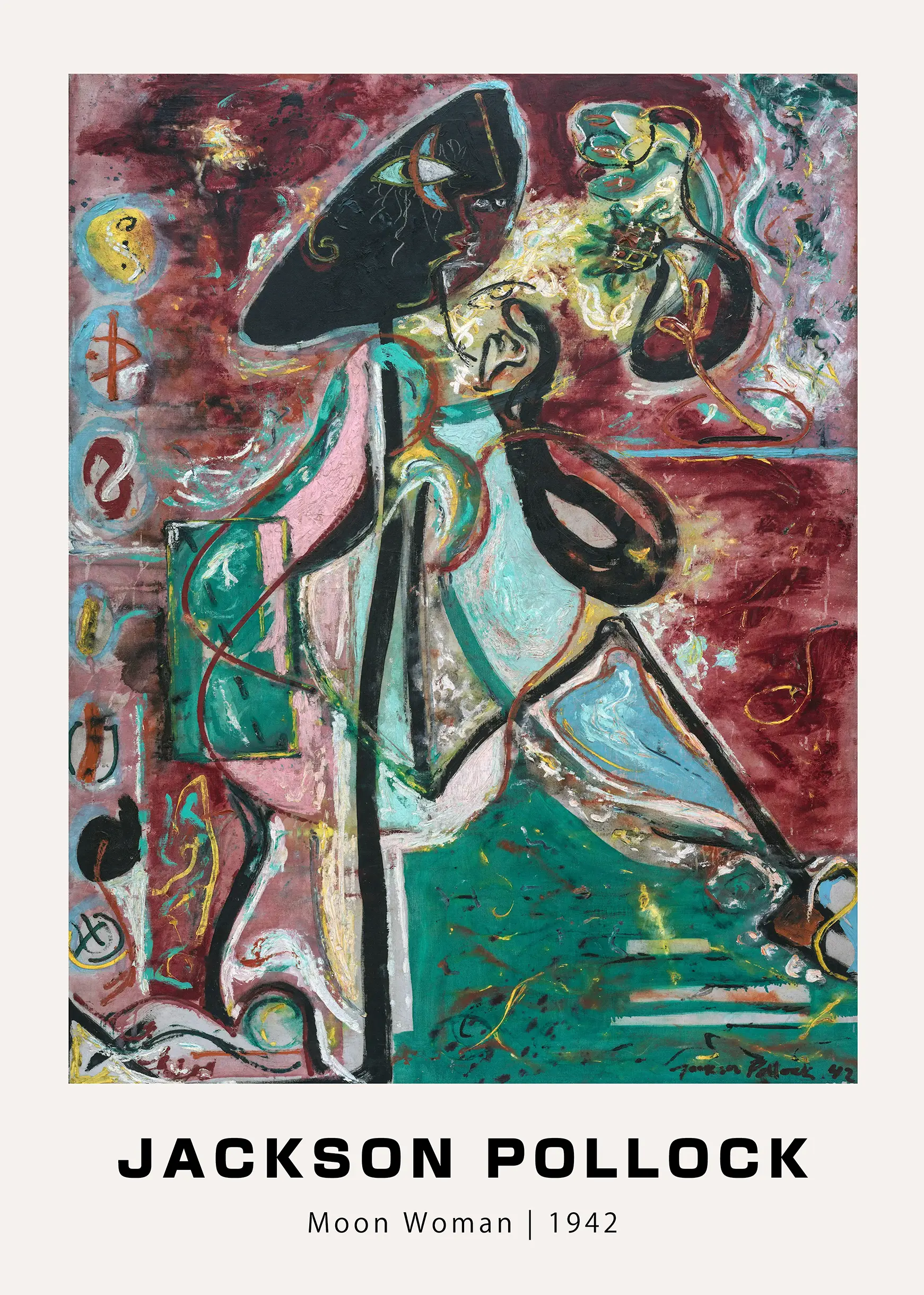 Moon Woman print by Jackson Pollock showing an abstract red and teal totemic figure with black outlines and crescent shapes.