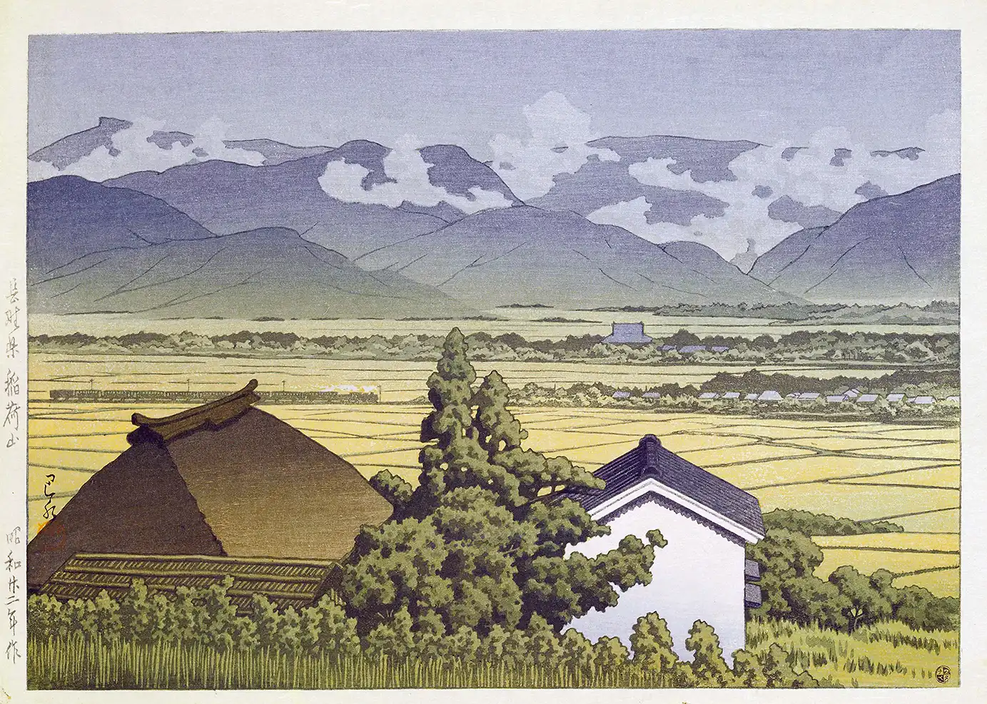 Nagano Woodblock Print - 1947 Mount Inari Shin-Hanga Japanese Wall Art Nagano Woodblock Print Showing Traditional Japanese Houses, Golden Rice Fields, And Mountains In 1947 Nagano.