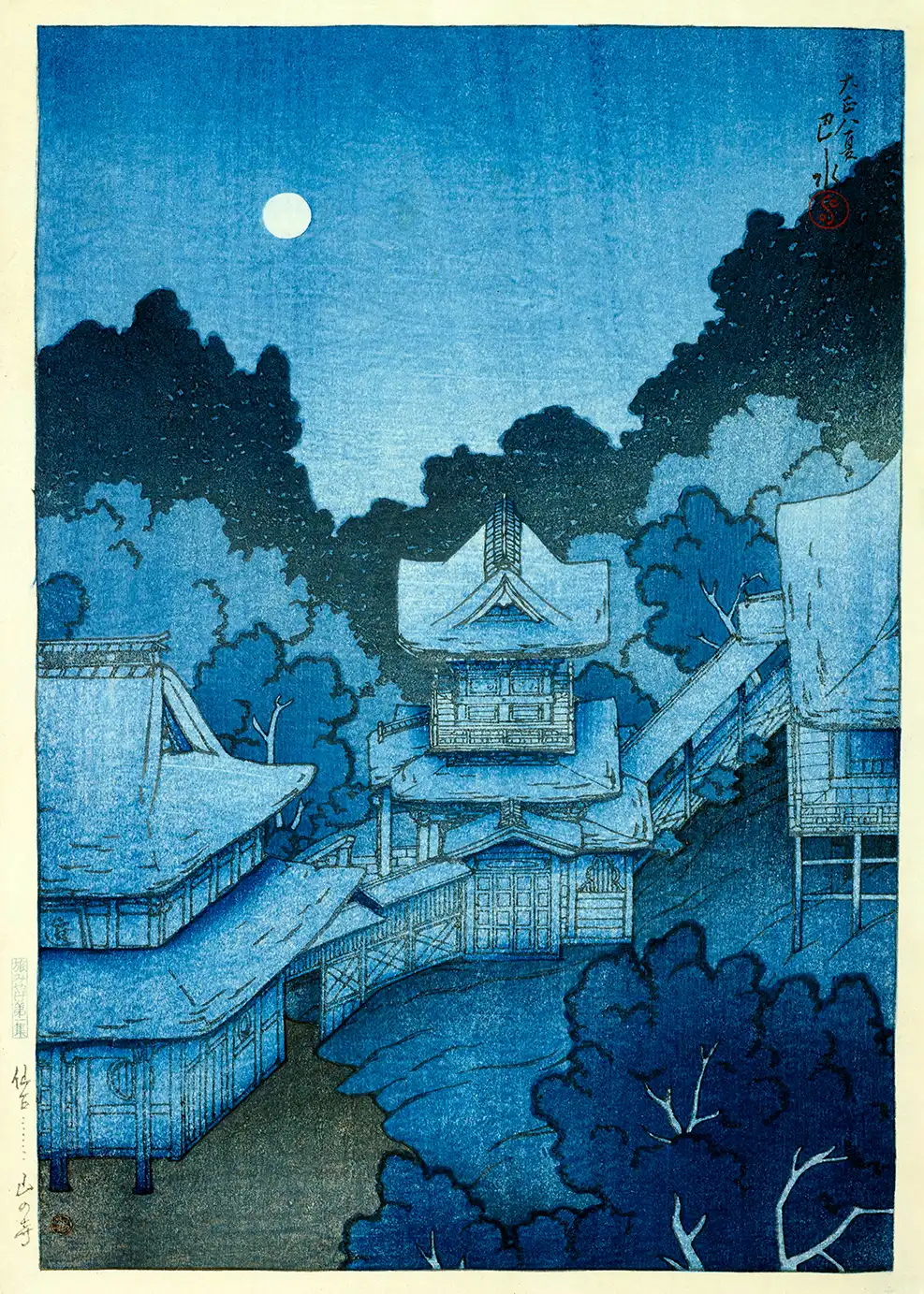 Exclusive Hasui Kawase Print - Mountain Temple At Sendai 1919 Woodblock Hasui Kawase Print Showing A Moonlit Japanese Mountain Temple In Blue Woodblock Style From 1919.