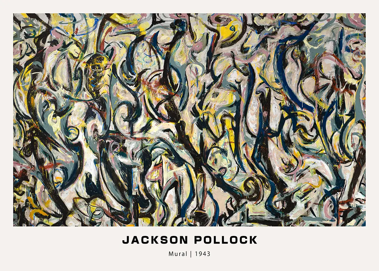 Jackson Pollock Mural 1943 abstract expressionist painting with rhythmic black swirls and vibrant yellow and teal accents.